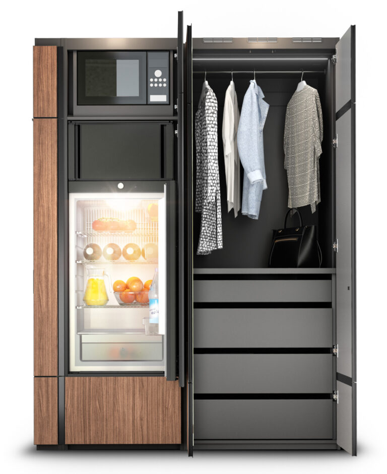 Kleiderschrank mit Schubläden und integriertem Kühlschrank